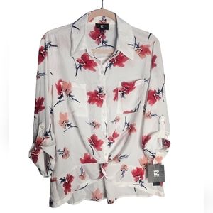 IZ BYER women's red,white,black button down knot front 3/4 sleeves top size XL